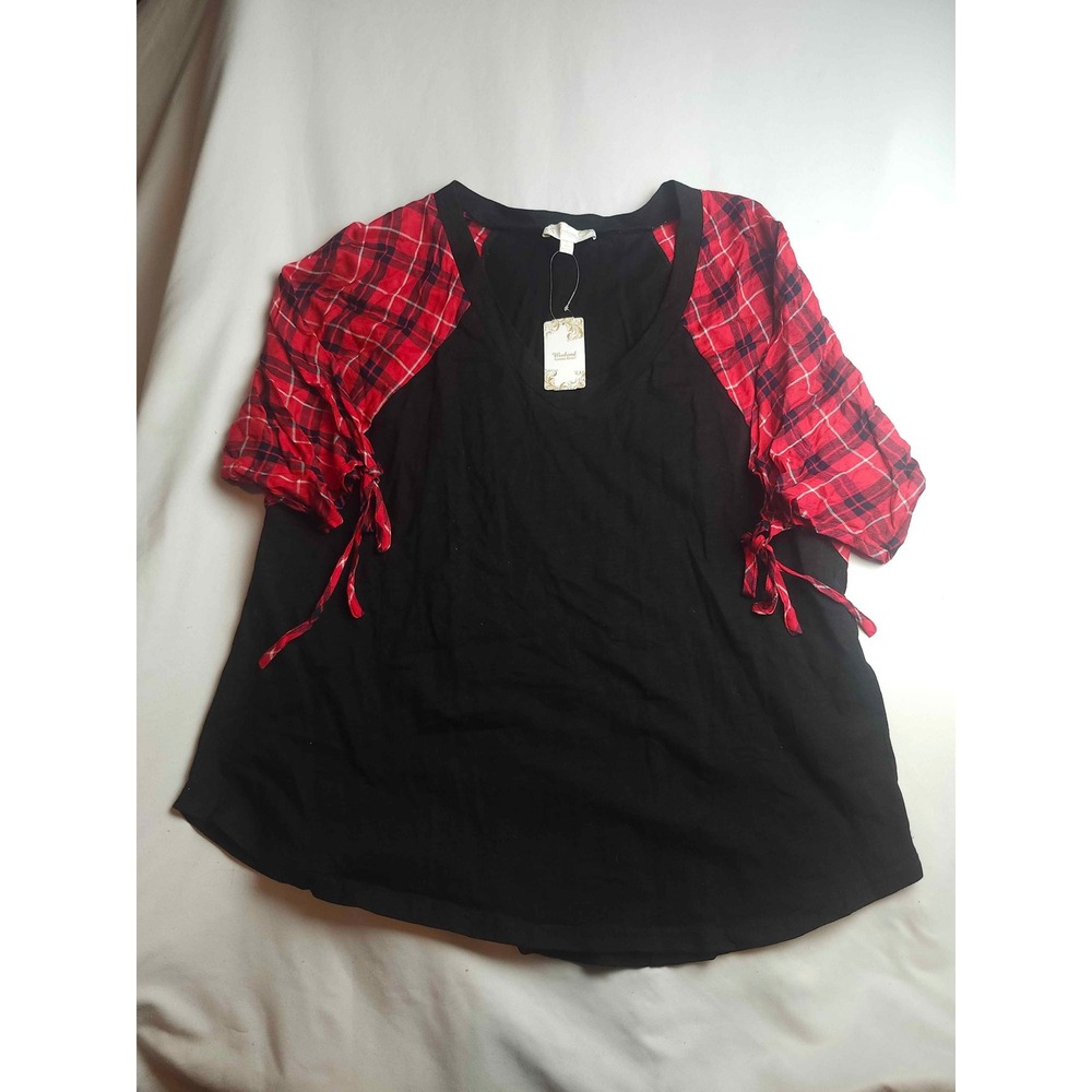 Weekend Suzanne Betro XL Black Red Plaid Raglan‎ Tie Sleeve Top NWT